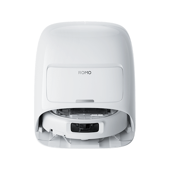 DJI ROMO A robot hút bụi thân trong suốt và trạm màu trắng