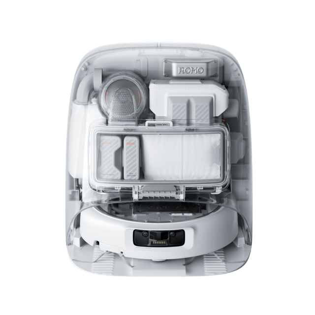 DJI ROMO P robot hút bụi và trạm cơ sở trong suốt